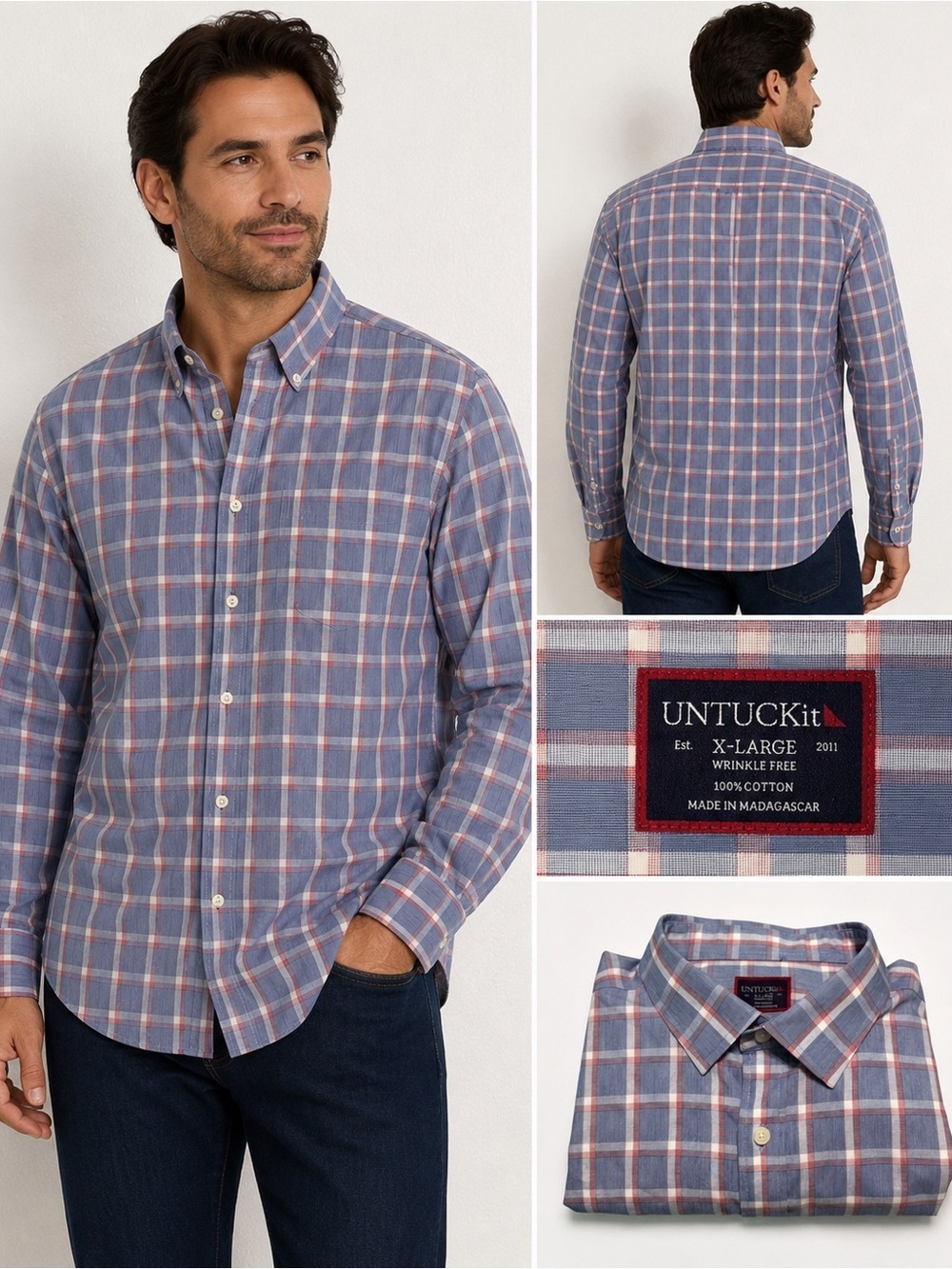 UNTUCKit Men's Blue and Pink Plaid Button-Down Shirt